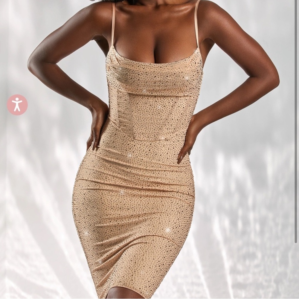 NWOT OH POLLY No Promises Cowl Neck Midi
Dress in Gold Size (M)